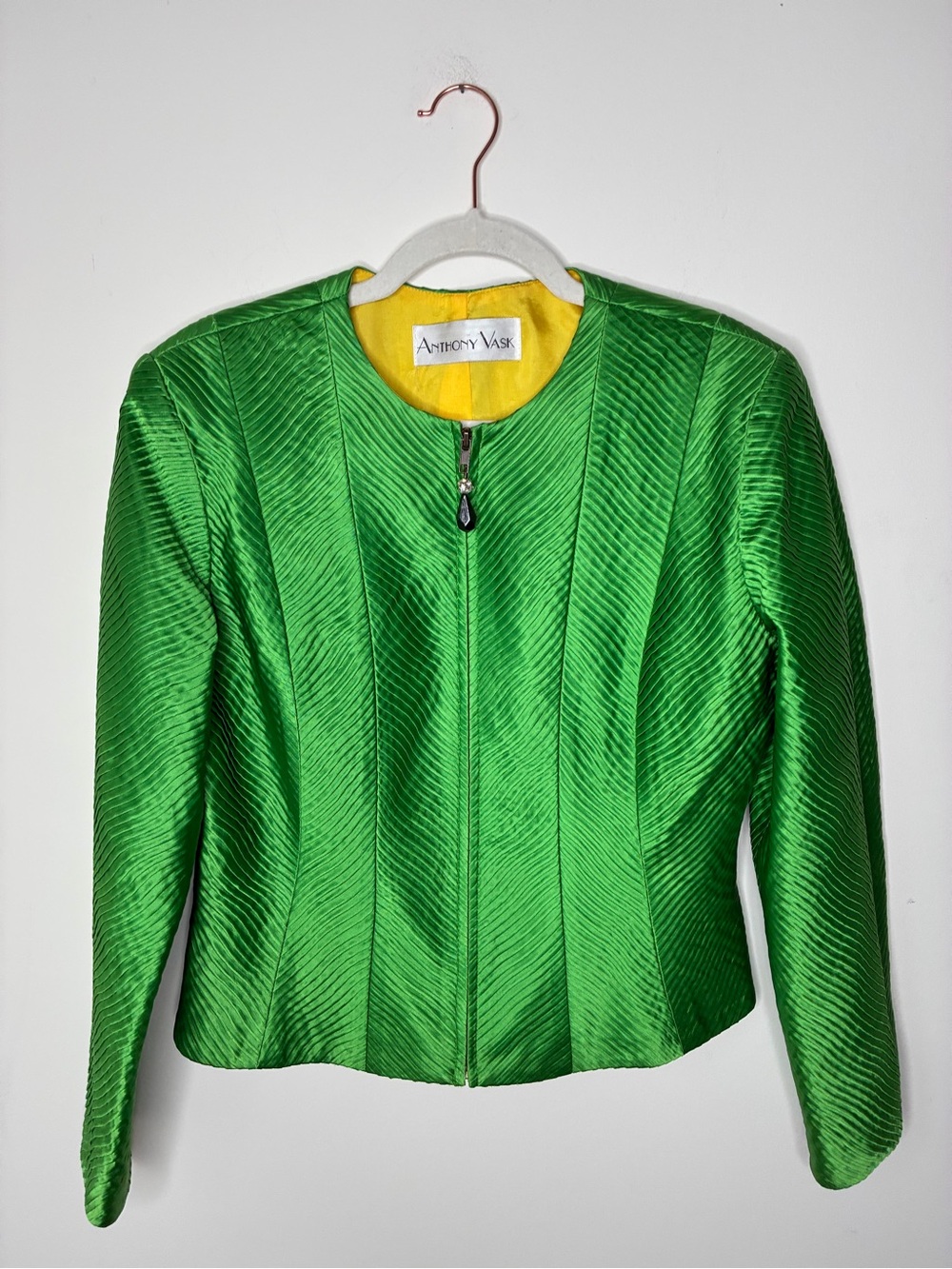 Vintage 90’s Anthony Vask Retro Green micro pleated Zip-Front Blazer Size 10